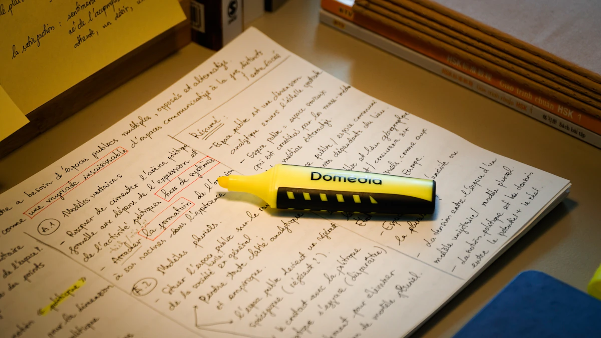 Highlighter resting on condensed handwritten study notes for the Ontario real estate licensing course